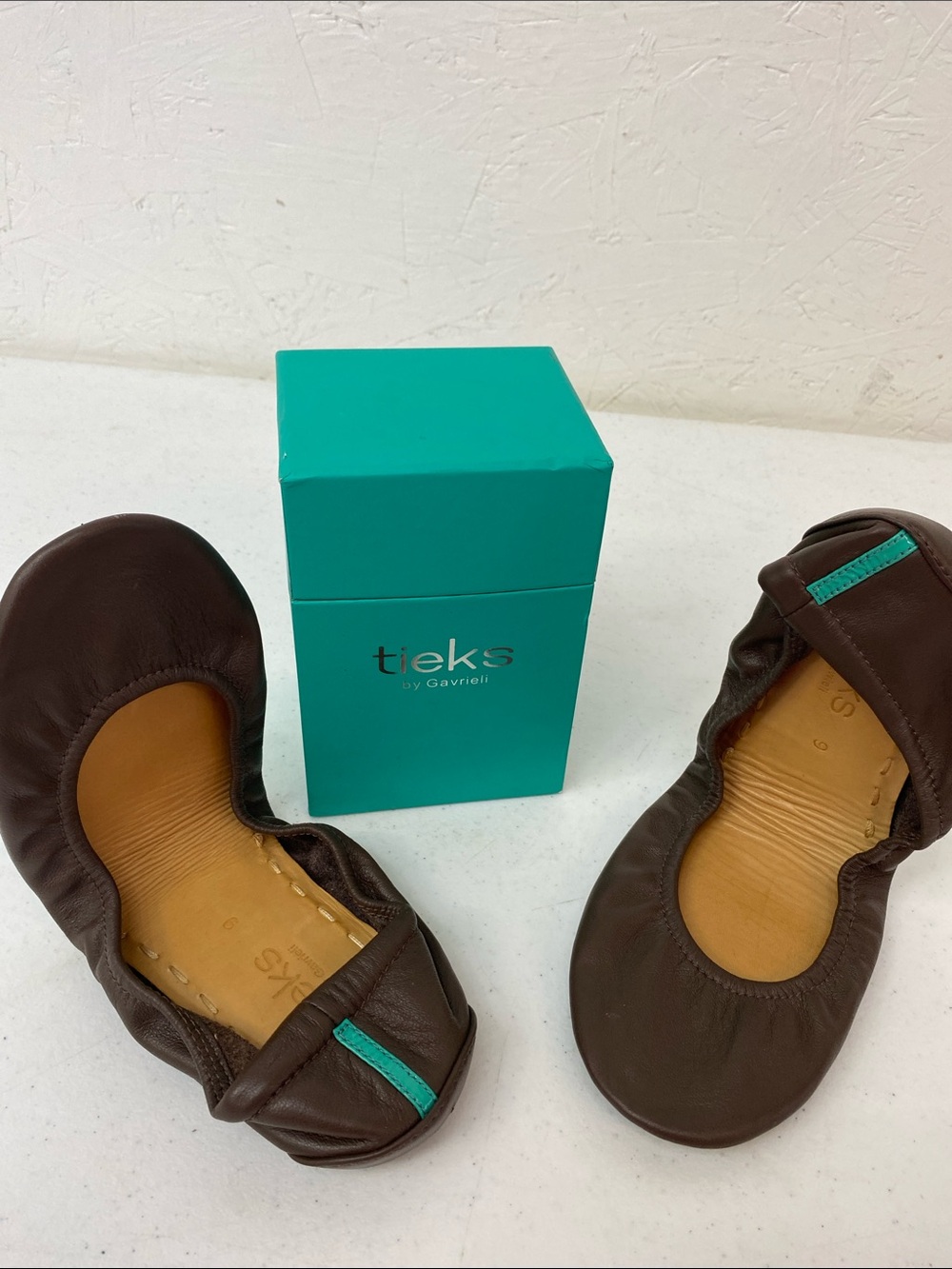 Tieks Brown Leather Ballet Flats with Teal Heel Tab